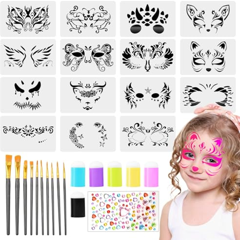 16pcs Erwachsene Kinderschminken Schablonen Tattoo Stifte Kinder Schwamm Fingerkissen Glitzer Tattoo Set Kinder für das Kinderschminke für Halloween Weihnachts Karneval Theaterau und Schulaufführungen
