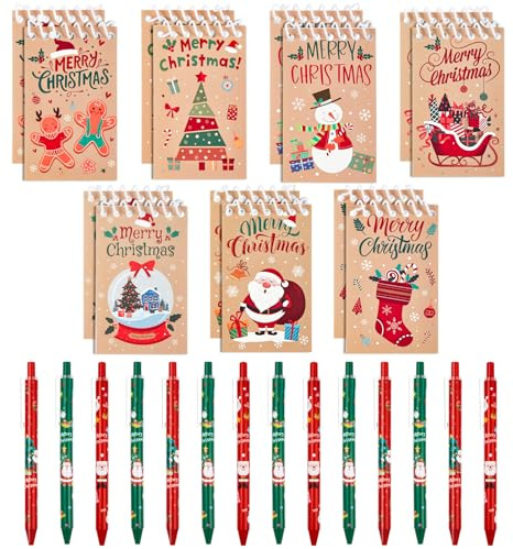 Tenare 28er-Pack Weihnachts Schreibwaren Set 14 Weihnachtsgel Tinte Stifte + 14 Mini Weihnachten Notizblöcke, Klassengeschenke für 14 Personen Weihnachtsfeier Schulbüro Familie Partytüte Füller