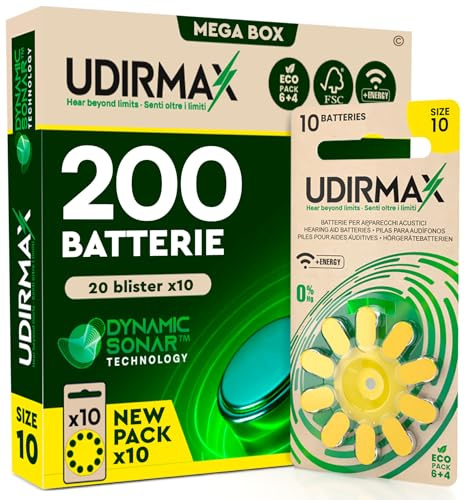 200 Batterie per Apparecchi Acustici Misura 10 Udirmax Pile PR70 Gialle Zinco-Aria Eco Pack - 20 Blister Ecologici da 10 Pile