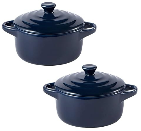 Mini Ceramic Casserole Pots Set of 2, Oven-Safe Soup Pots with Lids, Ideal for Soups, Stews, and Side Dishes (Blue)