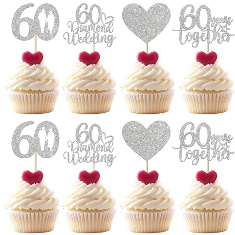 Xsstarmi 24 Pack 60 Diamond Wedding Cupcake Toppers Sweet Heart Glitter 60 Years Together Cupcake Picks for Happy 60th Wedding Anniversary Party Cake Decorations Supplies
