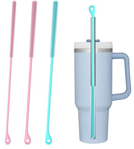 LEBKFT 3pcs Silicone Straw Cleaner Brush Set, Extra Long Bendable Bottle Brush with Steel Core for Deep Clean of Stanley Cup & Water Bottles Food Grade Reusable Straw Cleaner, 6mm + 9mm