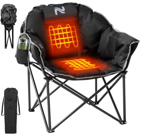 Obqer Folding Heated Camping Chair, 500LBS Heavy Duty Camping Chairs With Headrest & Cup Holder, 3 Level Heat Adjustment, High-Density Sponge Padded, For Watching Sports,Camp, Battery NOT Included