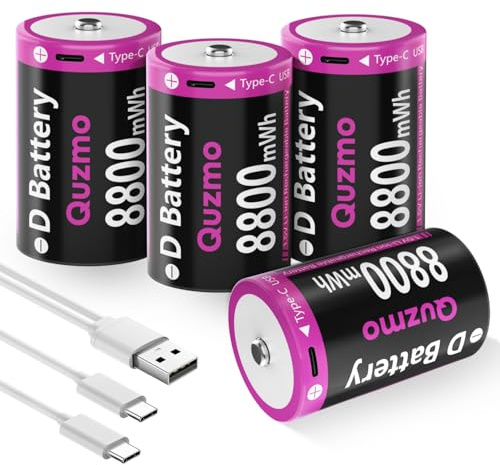 Wiederaufladbare D Akku, 8800mWh Hohe Kapazität 1.5V D Zellen Lithium Batterien Schnellladung über USB-C, D Größe Batterie Typ D Akkus (4 Stück)