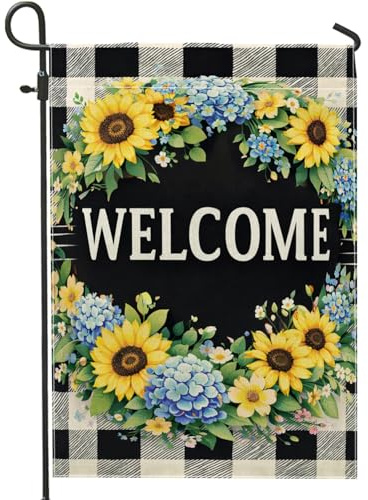 Drapeau de jardin tournesol, jacinthe des bleues, chrysanthème jaune printanier, toile de jute double face, drapeaux décoratifs pour extérieur, terrasse, pelouse, porche, entrée, camping, 30,5 x 45,7