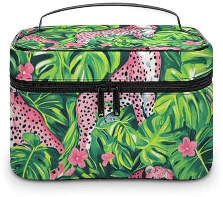 TZTTZT Tropical Plant Pink Leopard Print Makeup Bag, Travel Toiletry Bag for Women, Cute Large Cosmetic Bags Make Up Organizer Bags