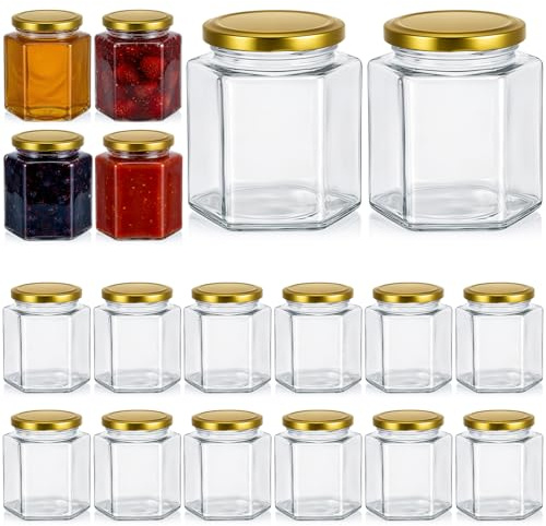 saerryor 18 Pack Hexagonal Glass Jars With Lids 280ml Airtight Pickling Jar | Glass Jam Jars, Air Tight Jars, Preserve, Multi-Purpose Storage, Spice, Pickle, Honey, Candle, Coffee, Chutney, Fruit, Oats