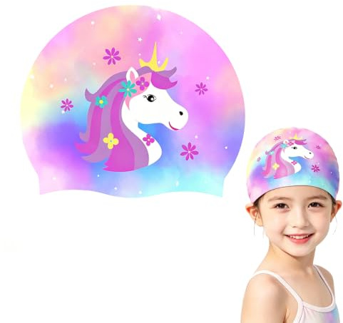 Bonnet de bain pour enfant - Bonnet de bain licorne en silicone pour fille - Cheveux longs - Extensible et confortable - Bonnet de bain doux pour la natation et la plongée