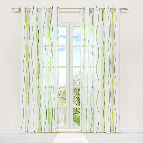 HongYa 1 Stück Vorhang transparent mit Wellenmuster mit Ösen, aus Polyester, Dekoration für Schlafzimmer, Wohnzimmer, Balkon, cremefarben, grün, H/L, 225/140 cm