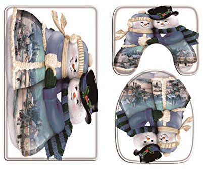 A.Monamour Badezimmer Badematte 3 Teilig Set Netter Schneemann Paar Weißer Hintergrund Weihnachten Urlaub Dekor Flanell Saugfähig Badteppiche Badvorleger Badgarnitur Wc Vorleger