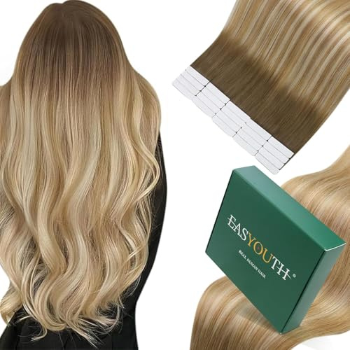 Easyouth Tape in Extensions Echthaar Blond Tape in Extensions Mittelbraun Mix Honigblond und Platinblond Tape in Haarverlangerung Echthaar Remy Balayage 62760 40g 45 cm