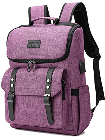 Mochila vintage para viajes, portátil, con puerto de carga USB, para mujeres y hombres, Púrpura, 39,63 cm, Universidad