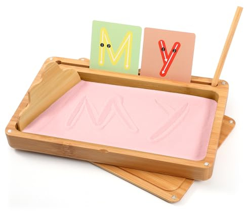 Juguete de arena Montessori con letras y señales de entrenamiento temprano, mesa de arena de madera para el aprendizaje Montessori, juguete para el desarrollo motor temprano en niños (Rosa)