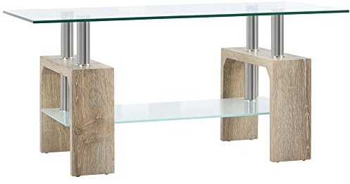 HOMCOM Mesa de Centro Rectangular Mesa Auxiliar de Salón con 2 Estantes de Vidrio Templado Marco de Acero Inoxidable y Patas de Madera Estilo Moderno 90x50x42 cm Natural