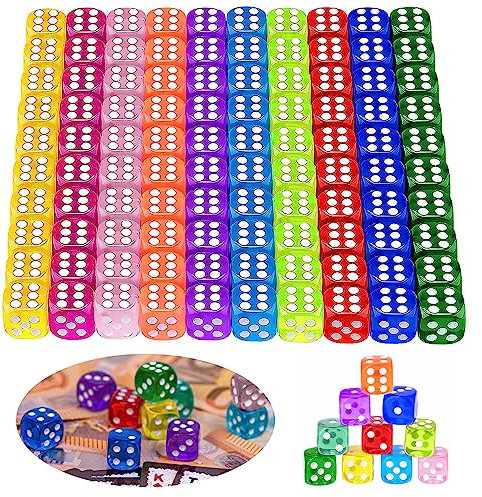 Glaxcidy 100 Stücke Sechsseitiger Würfel, 14 mm 6-Seitige Standardwürfel, 10 Farben Transparent Würfel Set, Würfel Bunt Set für Tenzi, Kniffel, Ferdi, Betrugsdezernat Oder Unterricht in Mathe