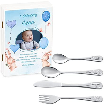Maverton Kinderbesteck Set mit Gravur + Holzbox mit Aufdruck - mit Tieren - aus Edelstahl - Weiß - Geschenk für Jungen zum Geburtstag zur Taufe Geburt - Foto 4