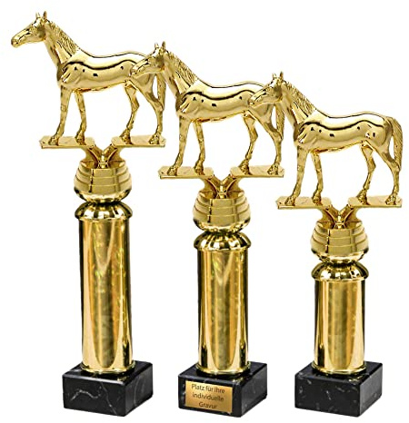 eberin · Pferde/Pferd Pokal mit Gravur/Wunschtext · Vollblut auf Goldsäule/Marmor · Reitsport Pokal in 3 Größen erhältlich ·