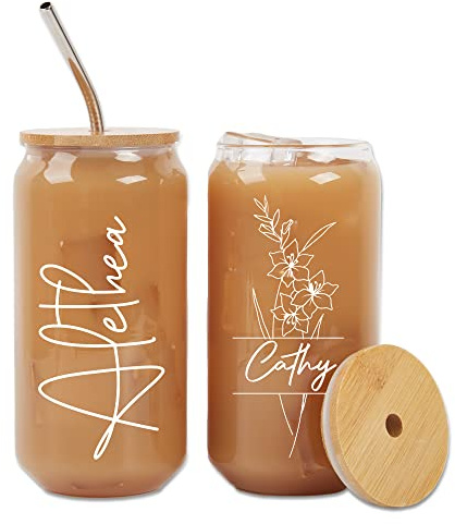 MOSTOP Verre à café glacé personnalisé avec couvercles et pailles, tasse en verre, gobelet personnalisé à fleurs de naissance, cadeau de fête des mères, cadeau d'anniversaire