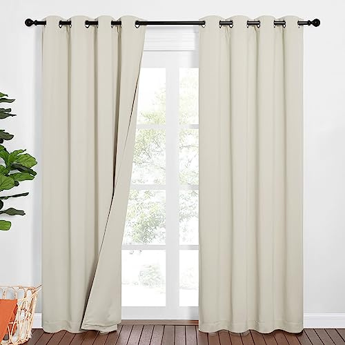 PONY DANCE 100% Blickdichte Vorhänge mit Ösen 2er Set Dreilagiger Schallschutz Vorhang mit Abnehmbarem Filzfutter Thermovorhang Hitzeschutz Schlafzimmer Gardinen, Hellbeige, H 213 x B 132 cm