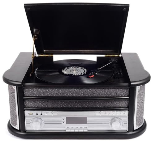 Platine vinyles Denver MRD-51 Black Radio Dab/FM, CD, Cassette, REC. Haut-parleurs 5W, Design rétro. Boîtier en Bois.