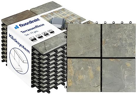 Floordirekt Piastrelle in ardesia naturale, 30 x 30 cm, 1 m² = 11 piastrelle per terrazze a clic, per balconi e terrazze, resistenti alle intemperie, con funzione di drenaggio, ardesia arrugginita
