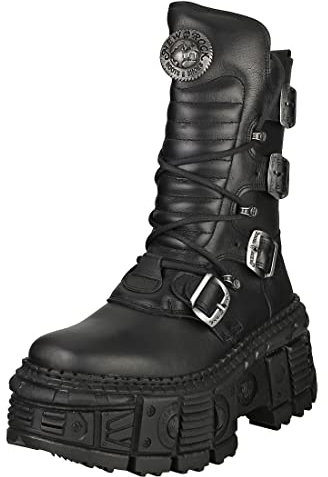 CARAMBAShop NEW ROCK Stövlar Dam Plattform Spännen Dragkedja Svart TANK Metallic Collection Black Woman Boots M.WALL373-S1, svart, 46 EU