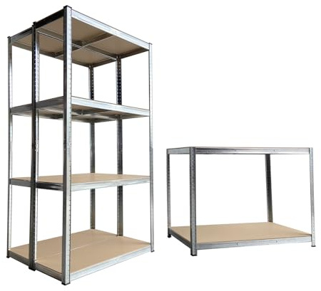 TRADE PRICE DEALS Galvanised Garage Starter Kit | 2 Shelving Bays & 1 Workbench 90h x 120w x 60d cm | Steel Metal Shed Racking Work Bench - 175kg per Level (180h x 90w x 40d cm)