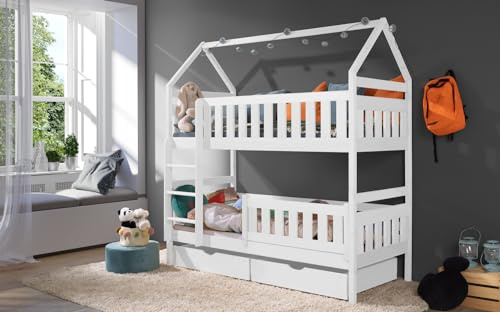 KEF Noah Etagenbett Kinder 160x80 cm - Hausbett - Holz Kinderbett - für Zwei Kinder - Holzbett mit Schubladen - Massivholz Kinder Bett mit Lattenrost - mit Matratze - Weiß - Leiter Links