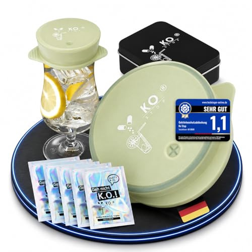 Ko Stop 5er Set Silikon Mehrweg inkl. Metalldose Getränkeschutz UV-aktiv leuchtend wiederverwendbar schützt vor Ko Tropfen, Insekten und Schmutz ideal für Partys und Festivals (Grün 7-9 cm)