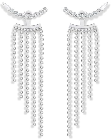 Boucles d'Oreilles Pendantes Femme Argent Strass Franges Push Back