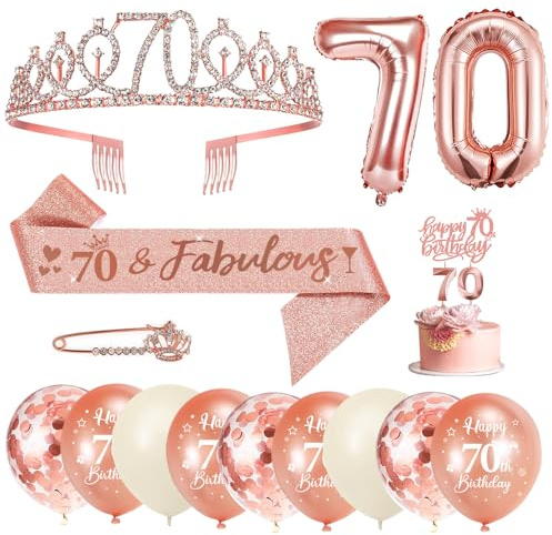 70. Geburtstag Frau Deko Set Roségold, Krone Schärpe Ballons Set | Geburtstagsdeko zum 70. Geburtstag mit Krone, Schärpe, Ballons, Zahlenkerze 70 und Tortendeko für Frauen Party