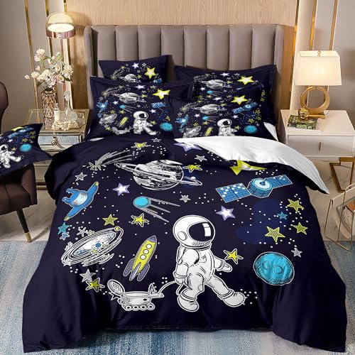 Freyamy Rakete Bettwäsche 135x200cm 2teilig Schwarz Bunt Weltall Astronauten Kinderbettwäsche Weltraum Rocket Jungen Kinder Bettwäsche Microfaser Bettbezug mit Reißverschluss und Kissenbezug 80x80cm
