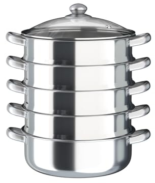MBUYI Mantowarka Dampfgarer, 5-Schicht Edelstahl Poliert Dampfkocher Gardampfkochtopf mit Transparenter Topf-Deckel, 30 cm Kochtopf Dampftopf für gleichzeitiges Dämpfen Suppe, Nudeln, Fische