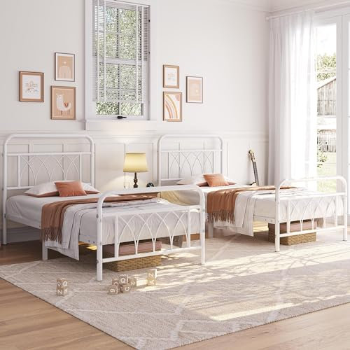 Yaheetech 2er Set Bettrahmen Vintage Metallbett mit Lattenrost, 90 x 190 cm Einzelbett Minimalistisches Bettgestell mit Hohem Kopfteil & Petalummuster, Gästebett Jugendbett aus Metall, Weiß