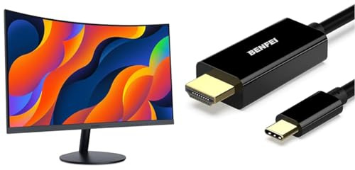 KOORUI 24-Inch Curved Computer Monitor- Full HD 1080P 60Hz Gaming Monitor 1800R LED Monitor HDMI & BENFEI USB C to HDMI Cable, 4K 1.8M USB Type C to HDMI Adapter