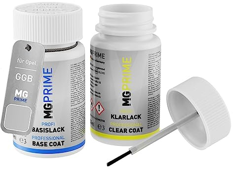 MG PRIME Autolack Lackstift für Opel GGB Kristall Silber Metallic +1K | Set aus Basislack + Klarlack, Lackfläschchen mit Pinsel, je 50ml