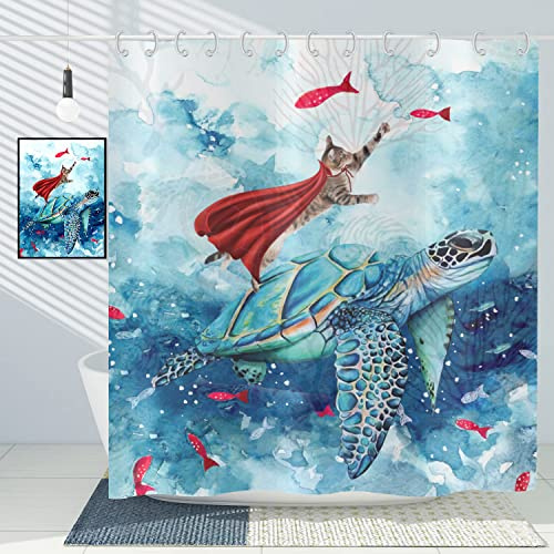 ASDCXZ Duschvorhang Katze 120x200 cm, Lustig Katze Schildkröte Greifen Fisch Aquarell Blau Ozean Waschbar Bad Duschvorhänge Polyester Textil Wasserdicht Duschvorhang für Badewanne mit 8 Haken