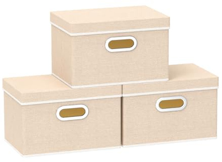 Yawinhe 3 Stück Aufbewahrungsbox mit Deckel,32x23x20cm,Beige | Faltbare Stoff Aufbewahrungskorb;Waschbare Faltbare Stoffboxen;Kisten Aufbewahrung mit Praktischen Metallgriff