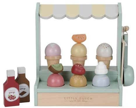 Little Dutch Eisstand Eisdiele aus Holz mit EIS, Eishörnchen und Toppings 18-teilig Set