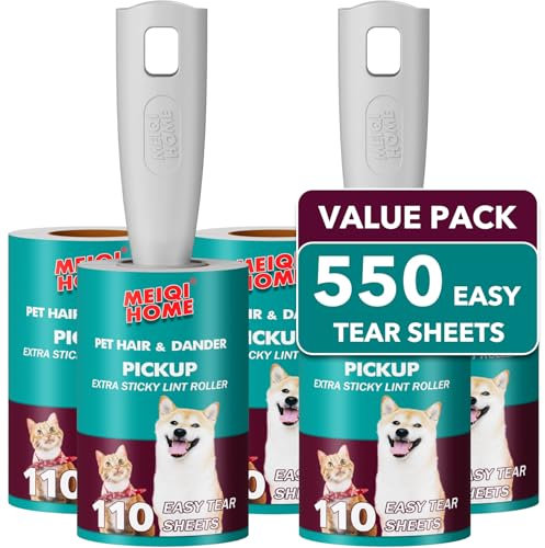 Fusselrollen für Tierhaare Extra klebrig, 550 Blatt Mega Value Set Fusselrolle mit 2 verbesserten Griffen, 5 Rollen Tragbarer Haustier Fusselentferner für Kleidung, Möbel, Teppich, Hund & Katze
