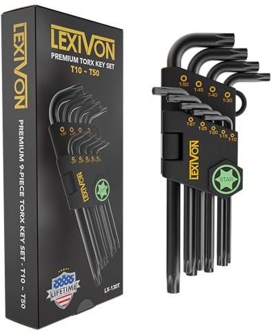 LEXIVON Juego de llaves Torx, 9 llaves de estrella premium, diseño de brazo largo en forma de L, tamaños T10 a T50, acero de aleación S2 de grado industrial (LX-130T)