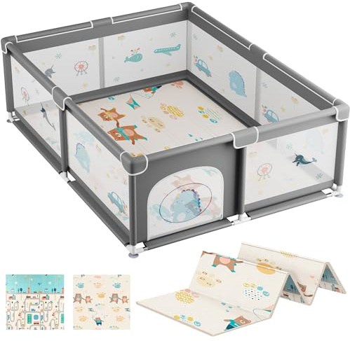 JUPPLIES Parque Infantil Bebe 150x180cm + Alfombra Bebe – Corralito Bebe con Malla Transpirable – Parque de Juegos Bebe Plegable con Puerta Lateral – Playpen Bebe - Gris