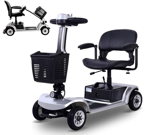 Scooter de Movilidad de 4 Ruedas Motonetas de Movilidad Plegables para Adultos Freno Electromagnétic Capacidad de 190 kg Batería Extendida de 20km con Canasta (Plata)