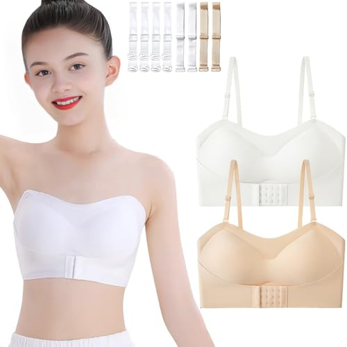 Sunvivid Girls Strapless Bandeau Bra 2 Pack Dance Ballet Bras Seamless Underwear with Removable Bust Pads and Replace Straps Bralettes for Teen 10-12 Years