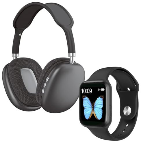 Pack Reloj Inteligente Deportivo con Auriculares Bluetooth Inalámbricos, Monitor de Ritmo Cardíaco, Resistente al Agua, Control de Actividad, Bluetooth 5.0 (Negro)