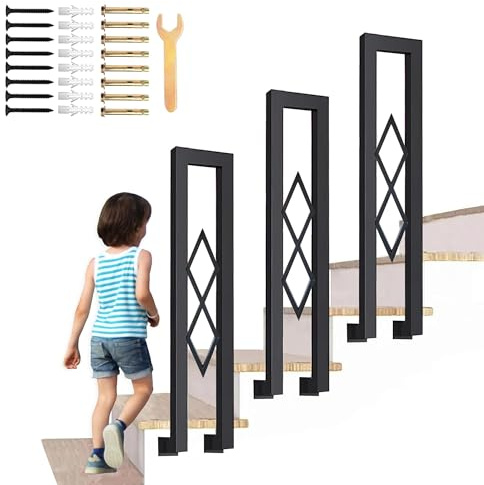 Ringhiera per Scale Interne a forma di U, Corrimano Laterale da 65-110 cm, Moderna Ringhiera in Ferro con Decorazione a Diamante Balaustra Sicurezza per Corridoio Balcone Soppalco (Nero, 100cm)