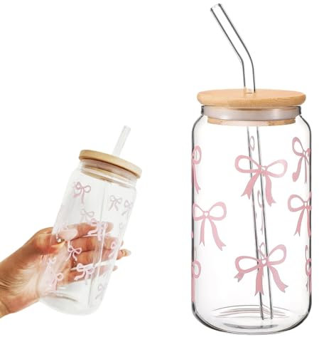 Dhqkqg Pink Bow Glass Cup Set, 16 Oz Iced Coffee Cup, Bow Cups with Lid and Straw, Reusable Glass Drinking Cups for Smoothies Beer Cola Juice Soda for Women Girls Friends