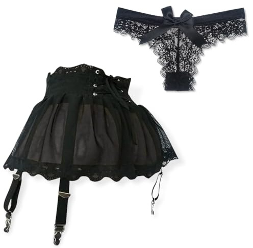 ZILZUFA Strumpfband Schwarz, Mini Mesh Rock Sexy Strapsgürtel Damen Strumpfhalter Hohe Taille Dessous Kleid Reizwäsche, Unterwäsche Mini Skirt mit Spitzen Höschen