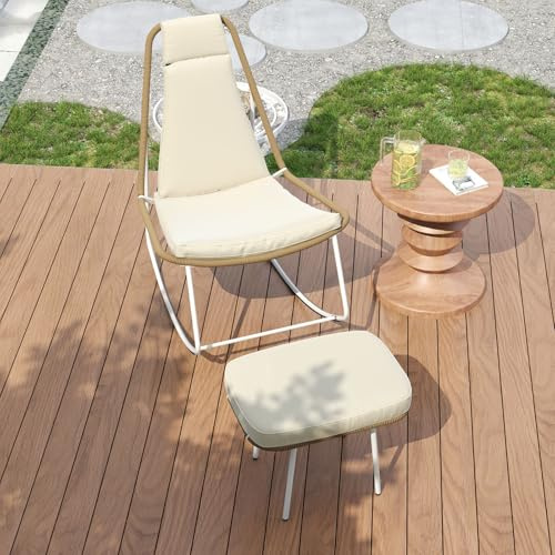 Billg Schaukelstuhl Schaukelsessel Outdoor, Wohnzimmer Relaxsessel mit Hocker, Gepolstertes und Geflochtenes Seil Relaxstuhl Outdoor, Schwingsessel Verzinkter Stahl für Garten, Hof, Terrasse