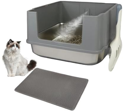 QraraZL Bac à litière pour Chat en Acier Inoxydable avec pulvérisateur, avec Couvercle, bac à litière Amovible Nettoyage Facile (sans Couvercle - Gris Clair)